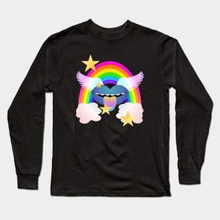 Groovy Winged Lips, Rainbow & Stars - BLUE Long Sleeve T-Shirt